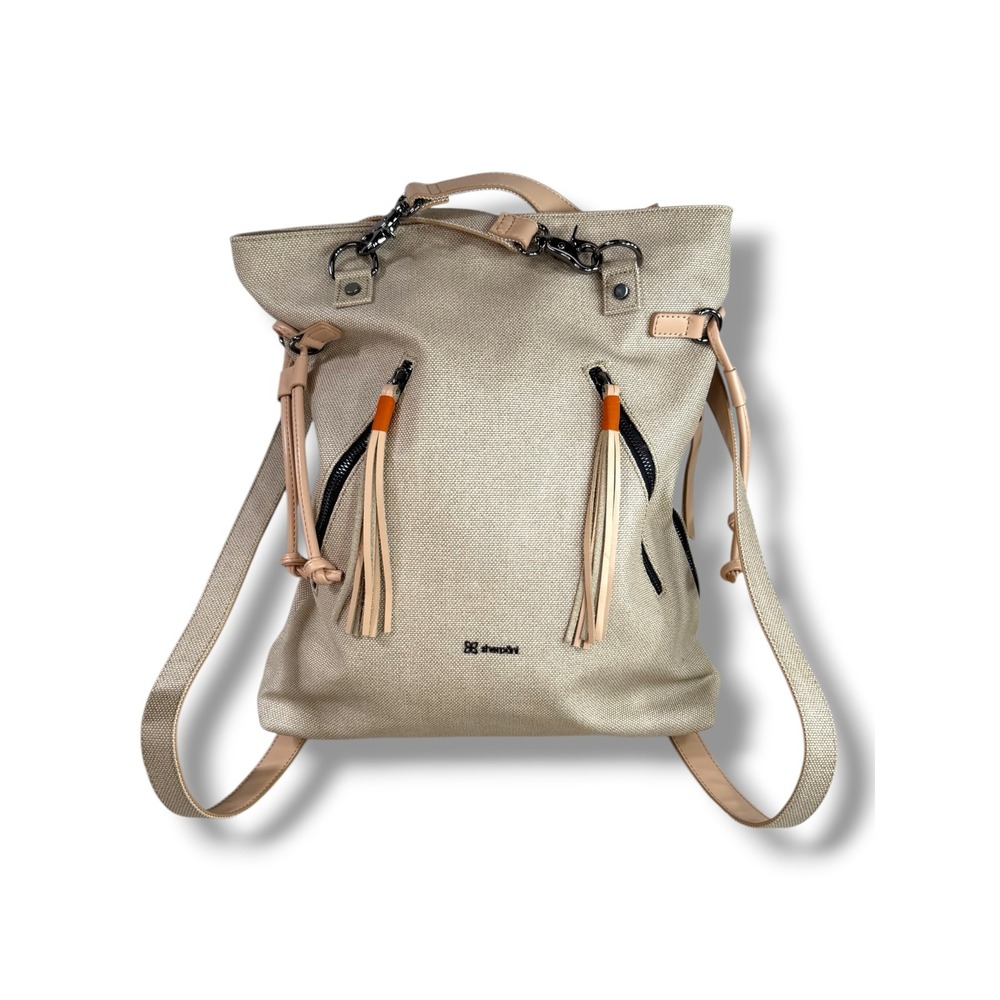 Sherpani Convertible Tempest Backpack Tote Bag Neutral Beige Leather Trim Travel